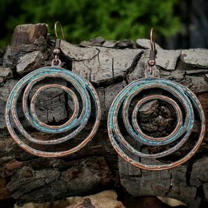 Boho Layered Circle Dangle Drop Earrings Vintage Petinaed Copper/Bronze Handmade